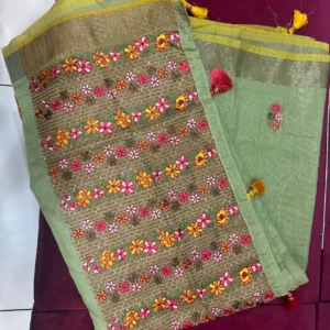 Olive Green Floral Embroidered Saree