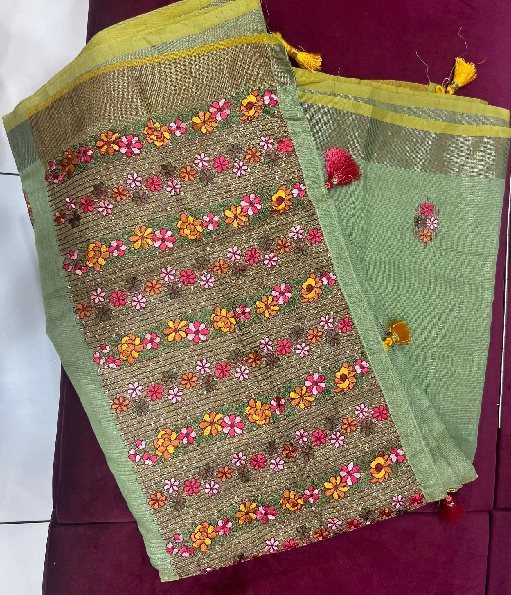 Olive Green Floral Embroidered Saree
