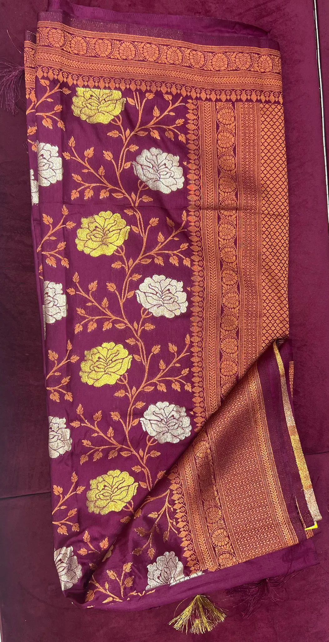 Royal Maroon Floral Zari Saree