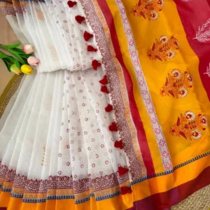 Mustard White Floral Printed Saree