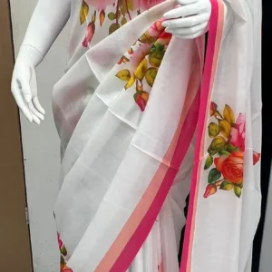 White Rose Floral Printed Saree