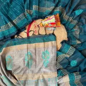 Teal Grey Artisan Jacquard Saree
