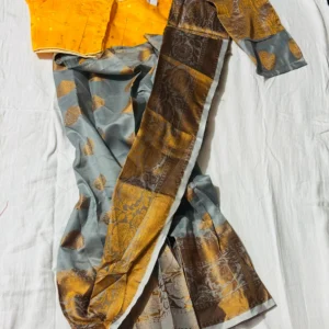 Silver Gold Brocade Saree with Mustard Blouse