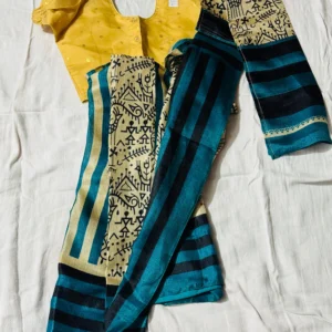 Tribal Teal Printed Saree with Yellow Blouse