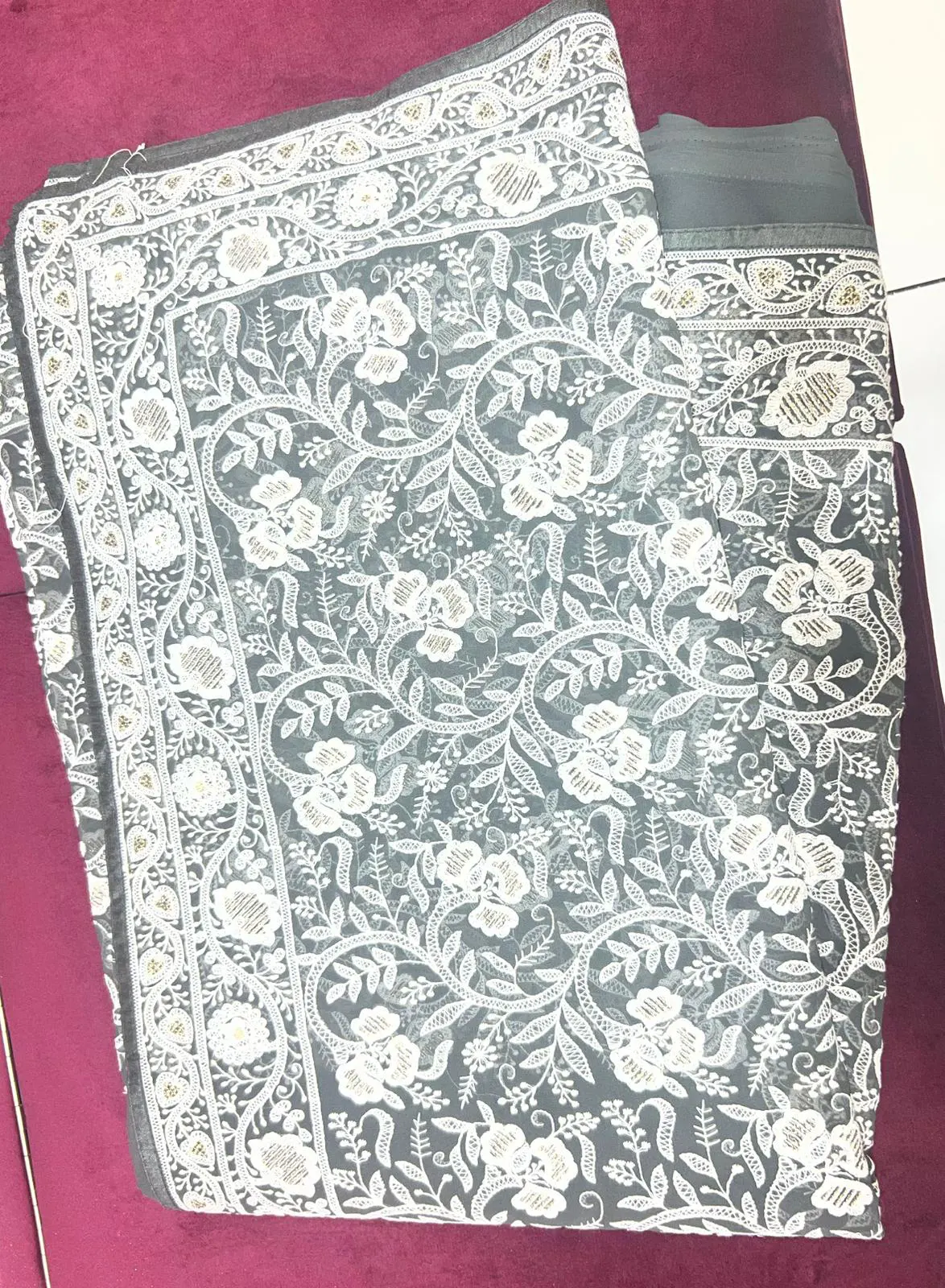 Smoky Grey Floral Lace Saree