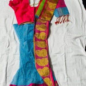Turquoise Pink Festive Brocade Saree Set