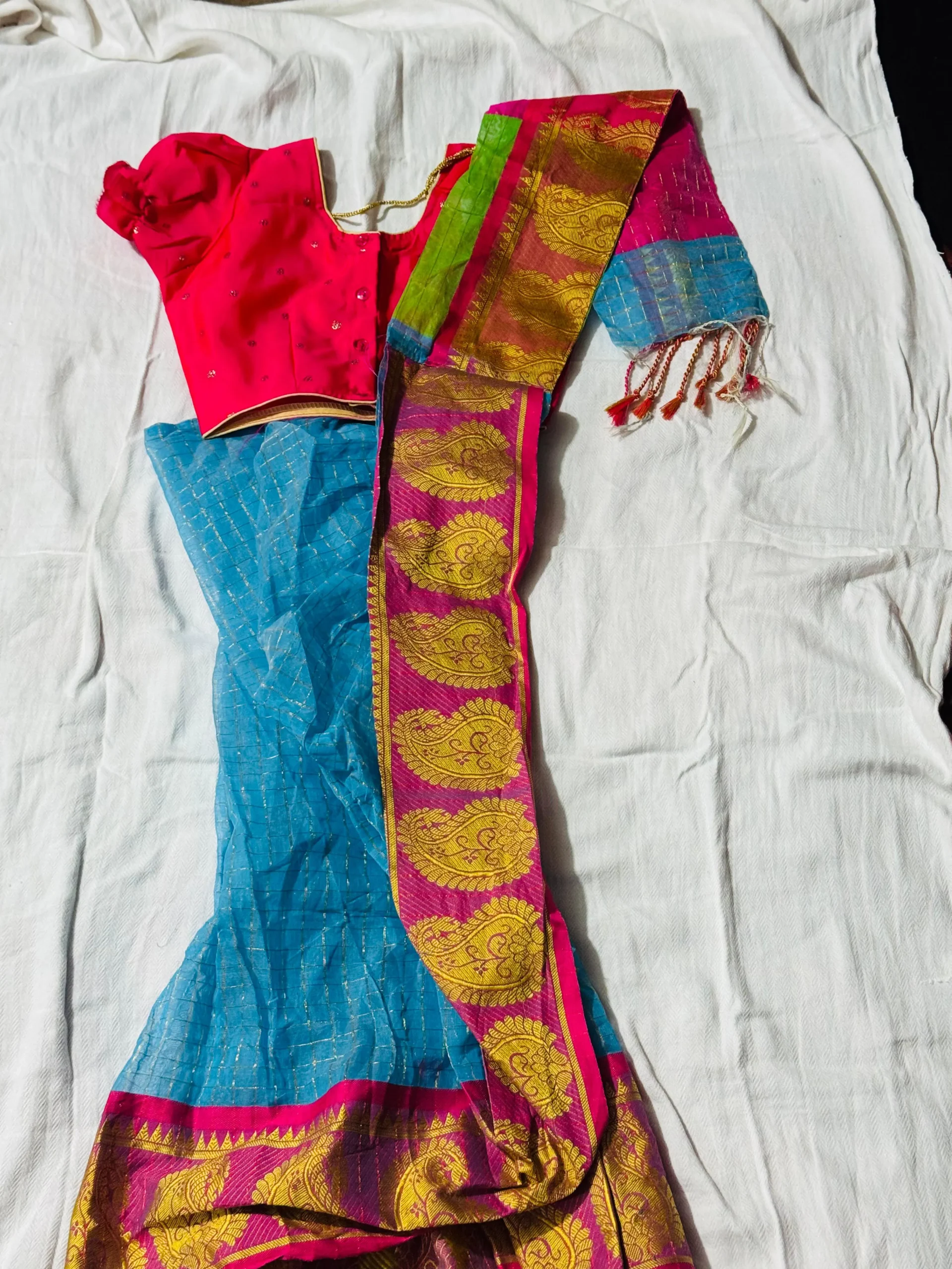 Turquoise Pink Festive Brocade Saree Set
