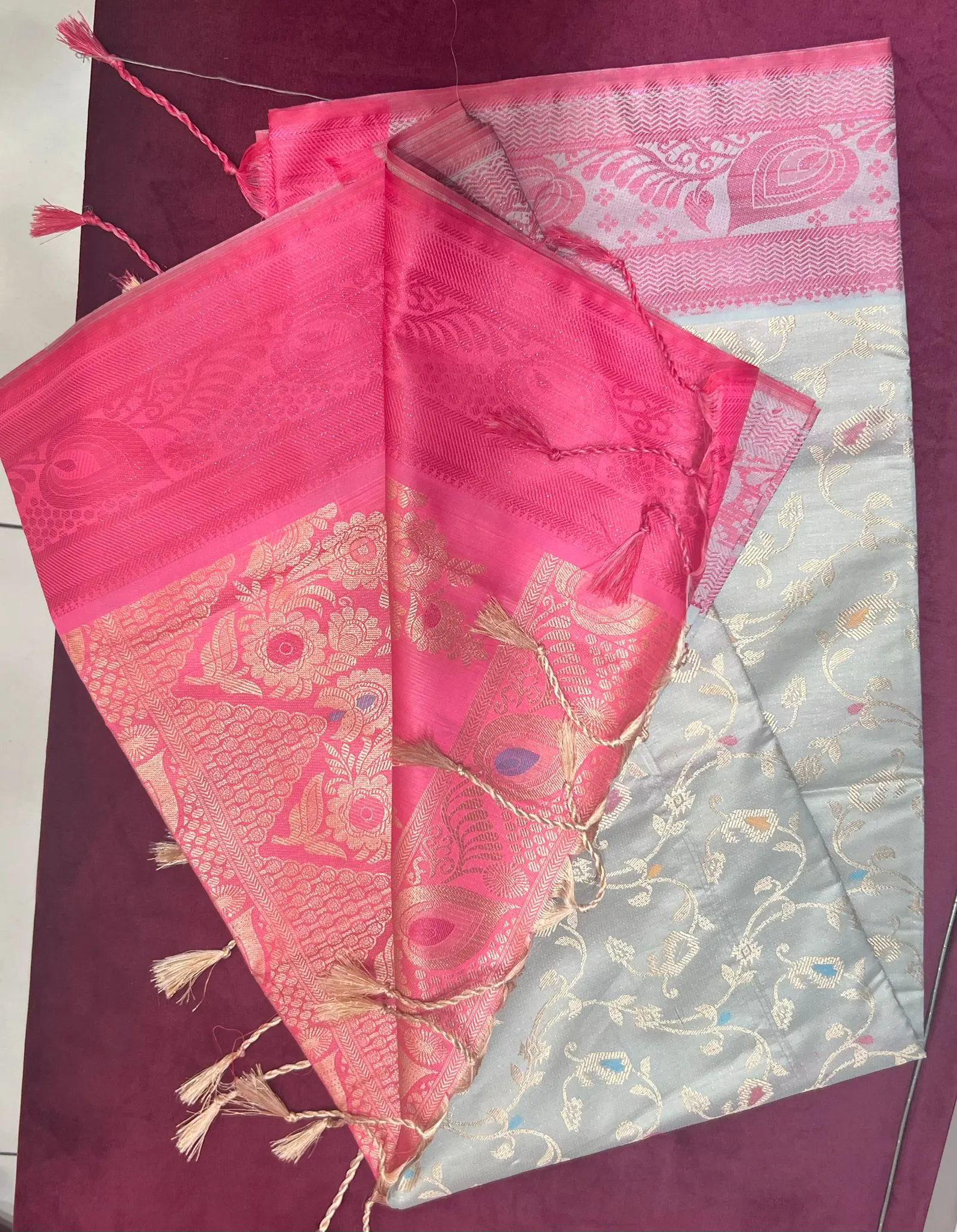 Rose Pink & Silver Contrast Saree
