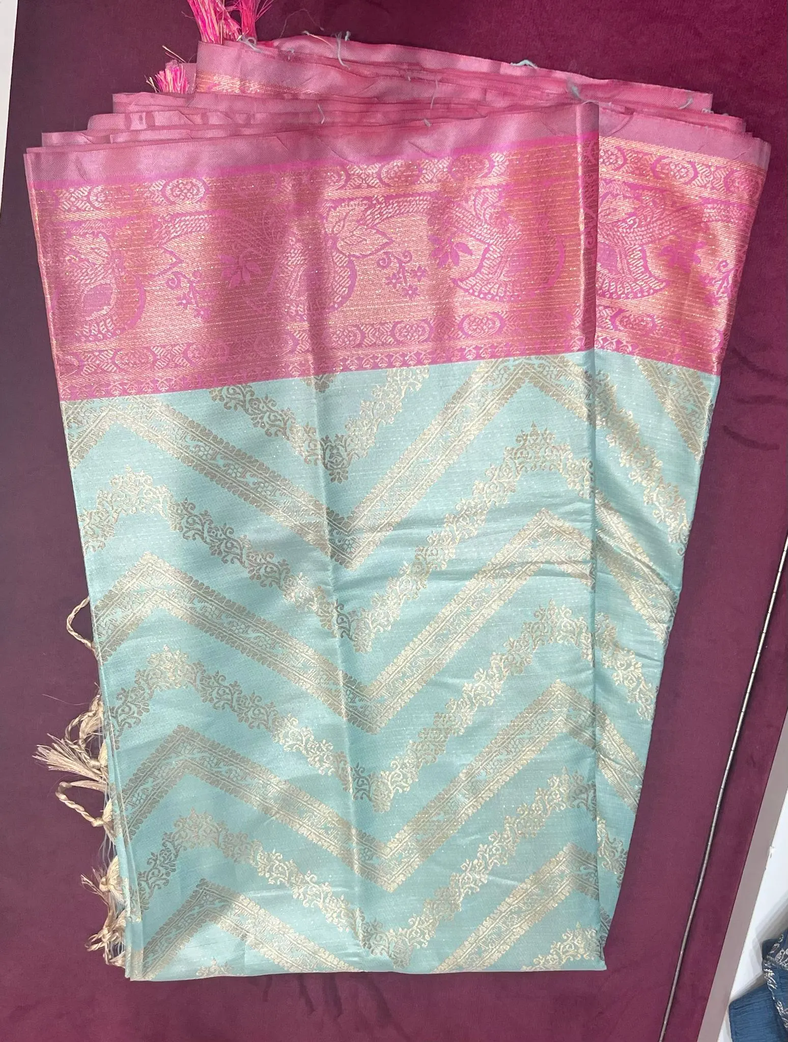 Mint Blue & Rose Gold Chevron Saree