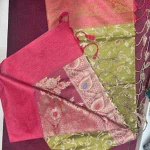 Olive Green & Rani Pink Contrast Silk Saree
