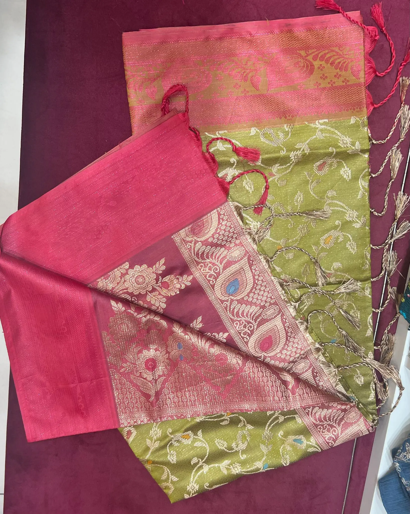 Olive Green & Rani Pink Contrast Silk Saree