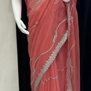 Coral Silver Wave Embellished Saree