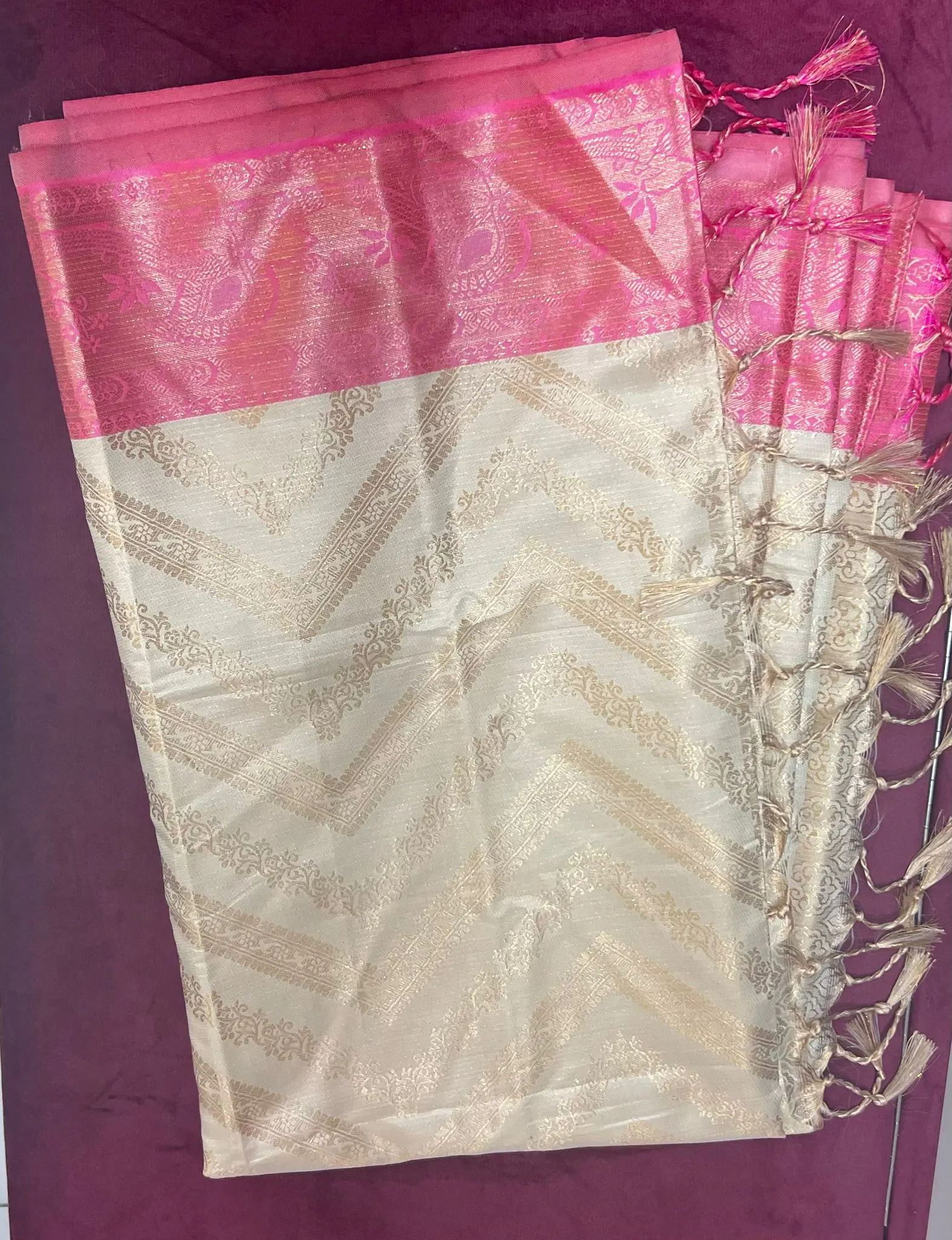 Ivory Gold Chevron Saree with Pink Pallu