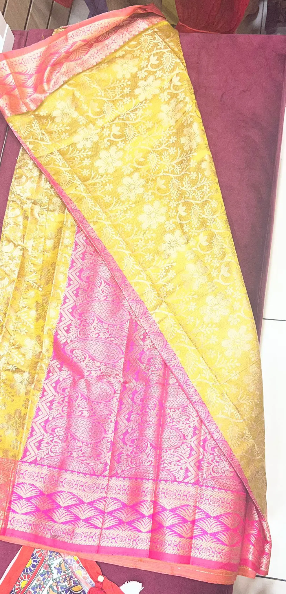 Sunshine Yellow & Rani Pink Zari Saree