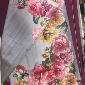 Soft Grey Floral Printed Saree with Scalloped Border