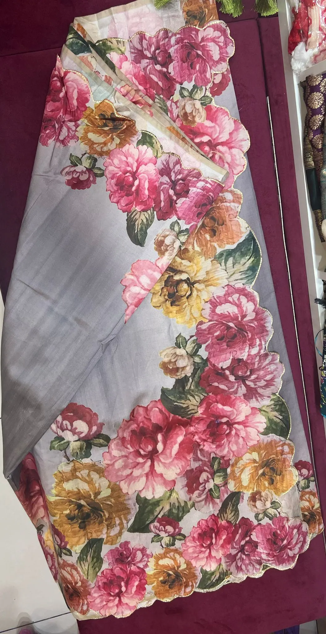 Soft Grey Floral Printed Saree with Scalloped Border