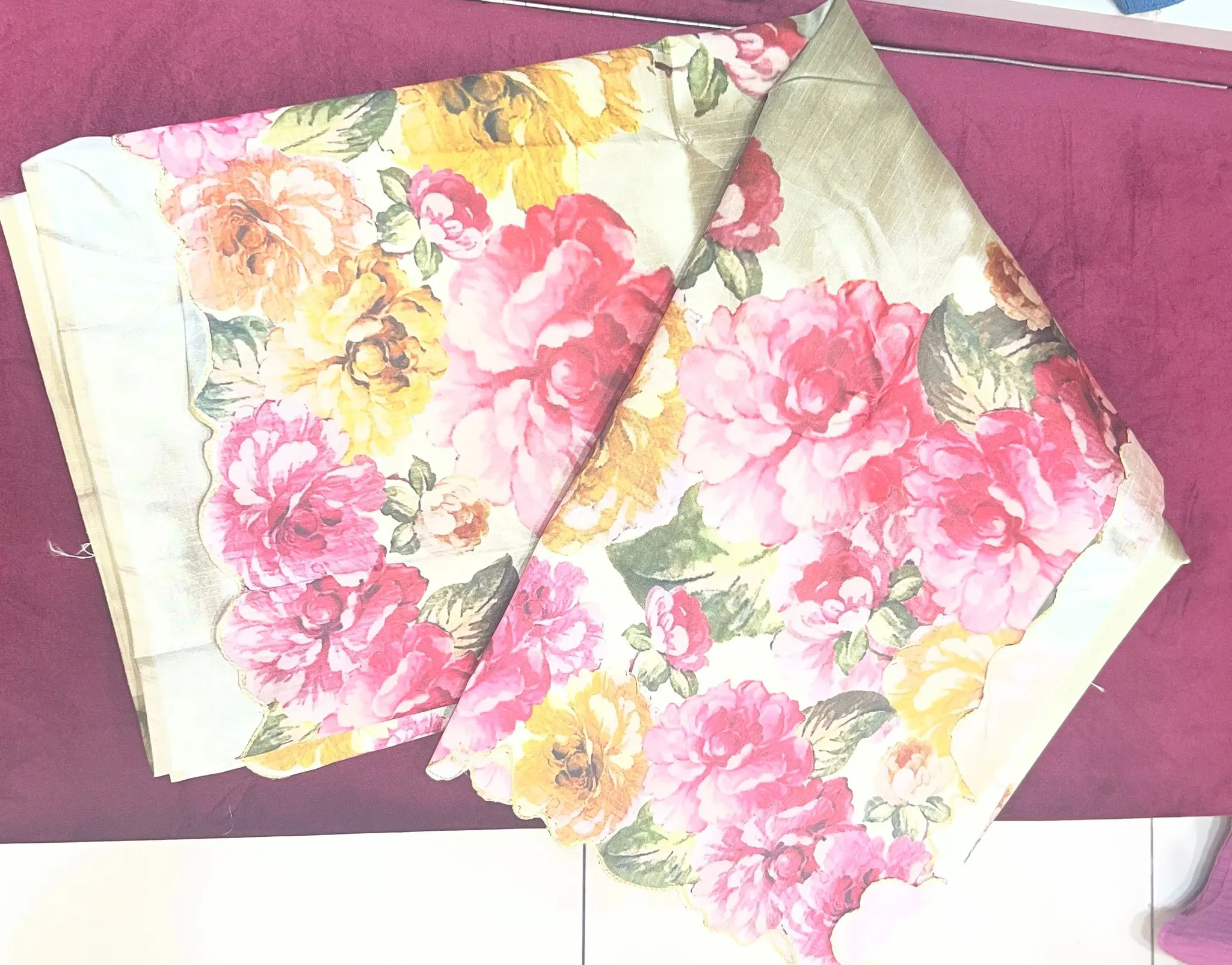 Ivory Floral Printed Saree with Scalloped Edge