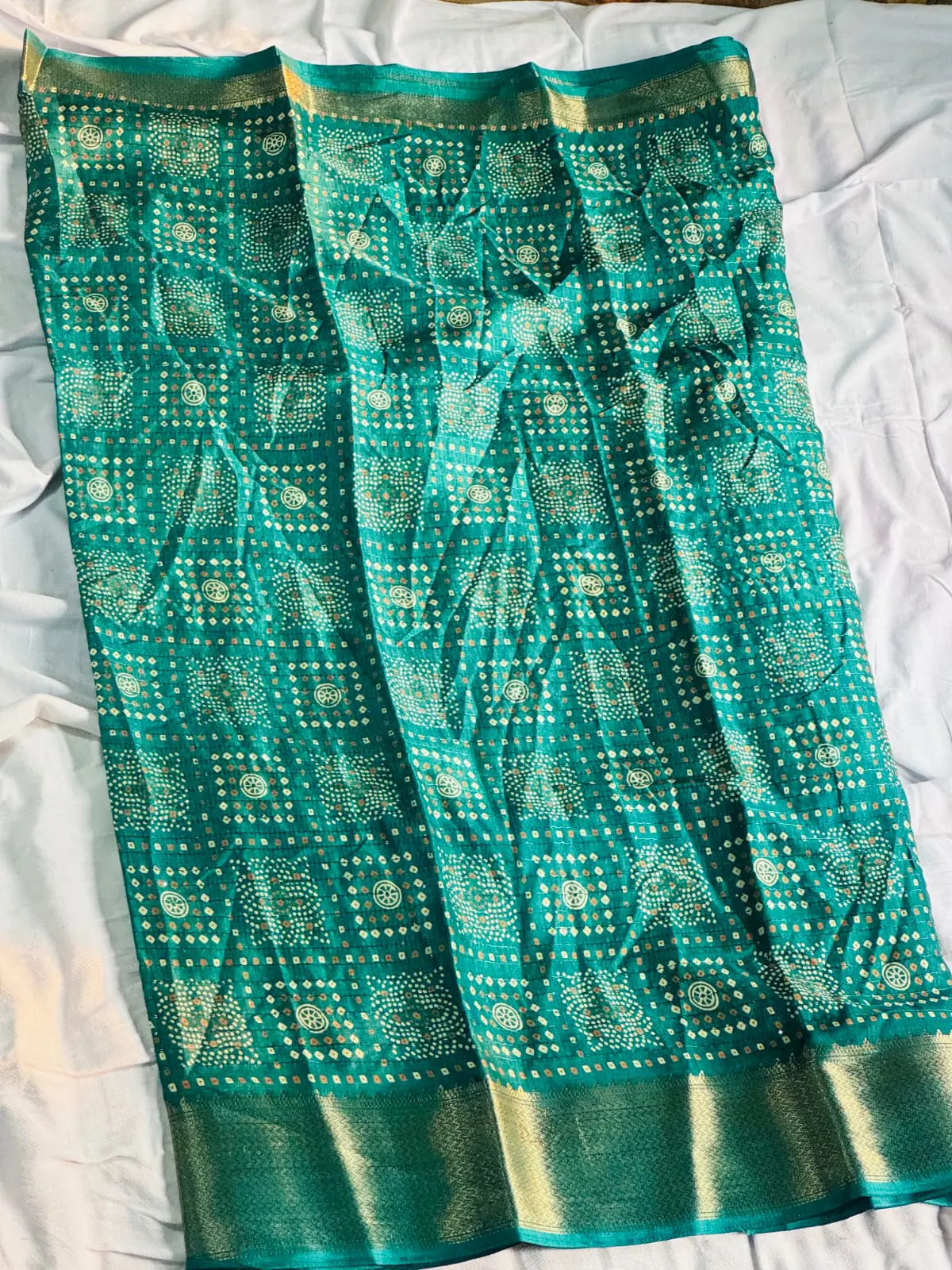 Emerald Grid Motif Saree with Metallic Border