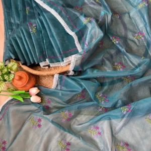 Teal Mist Embroidered Organza Saree