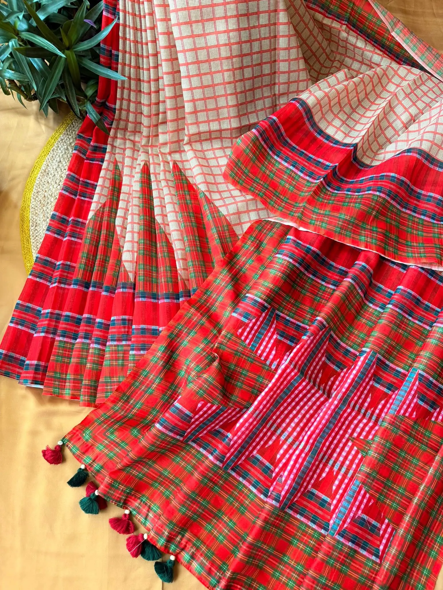 Red & Green Tartan Check Saree