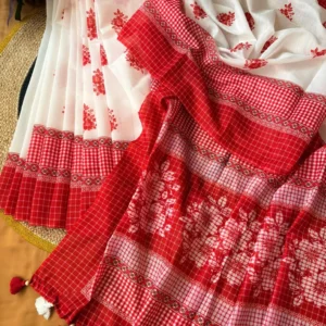White & Red Checkered Floral Saree