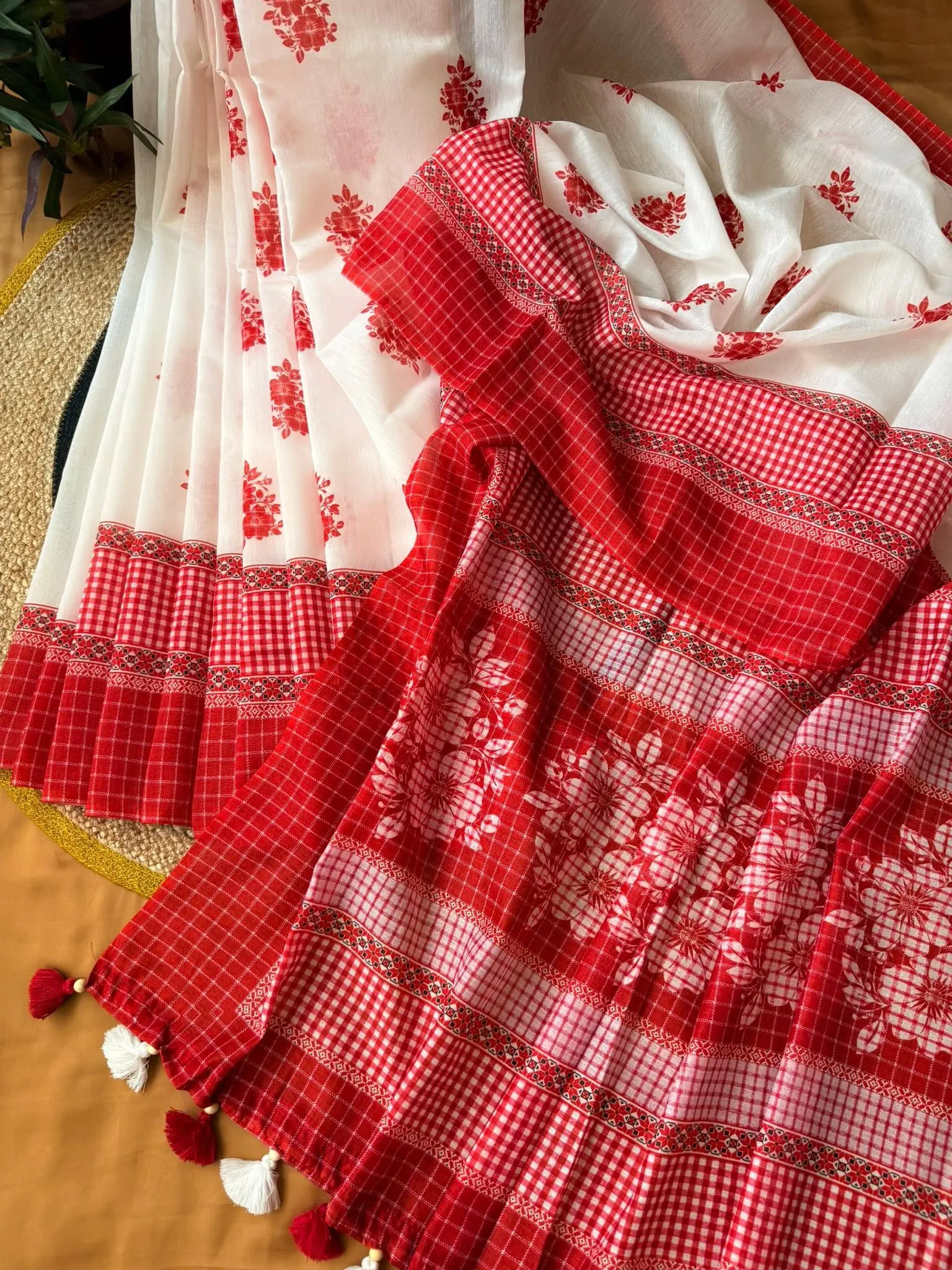 White & Red Checkered Floral Saree