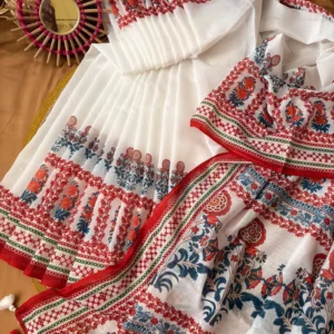 White Floral Printed Saree with Red & Blue Border
