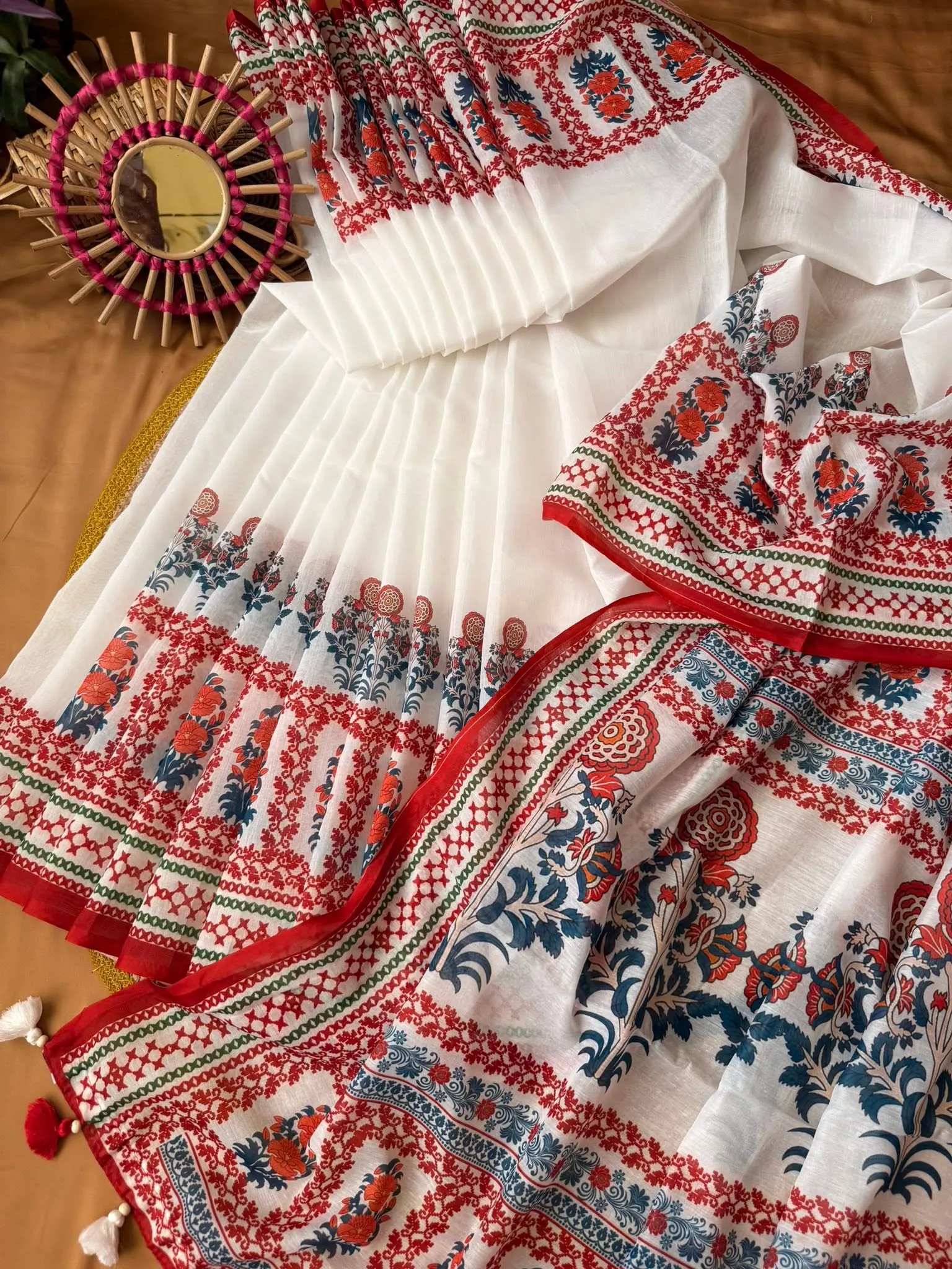 White Floral Printed Saree with Red & Blue Border