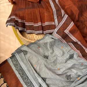 Rust Brown & Grey Heritage Saree