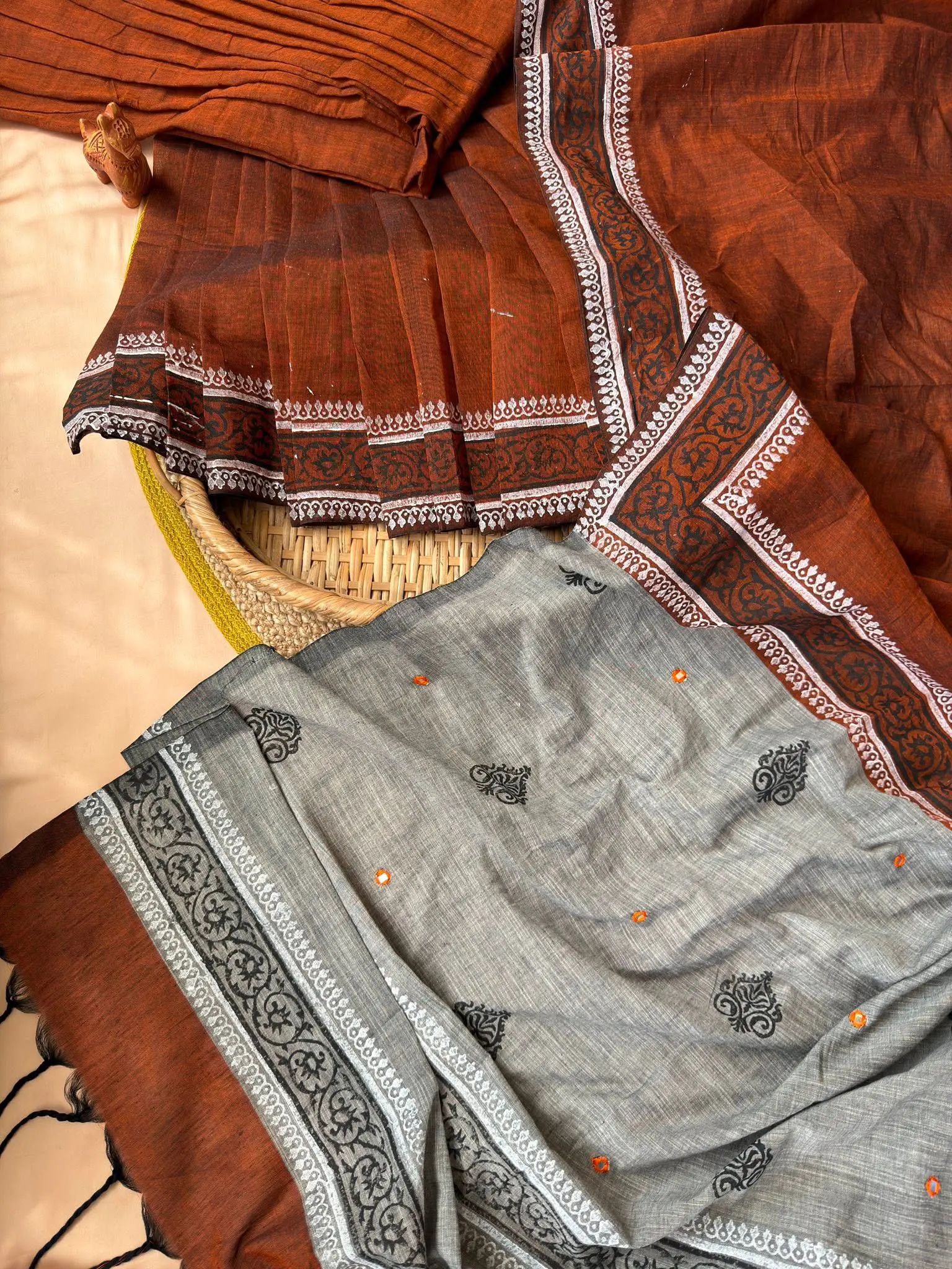 Rust Brown & Grey Heritage Saree