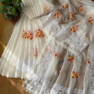 White Floral Embroidered Organza Saree