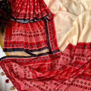 Red & Ivory Peacock Motif Saree