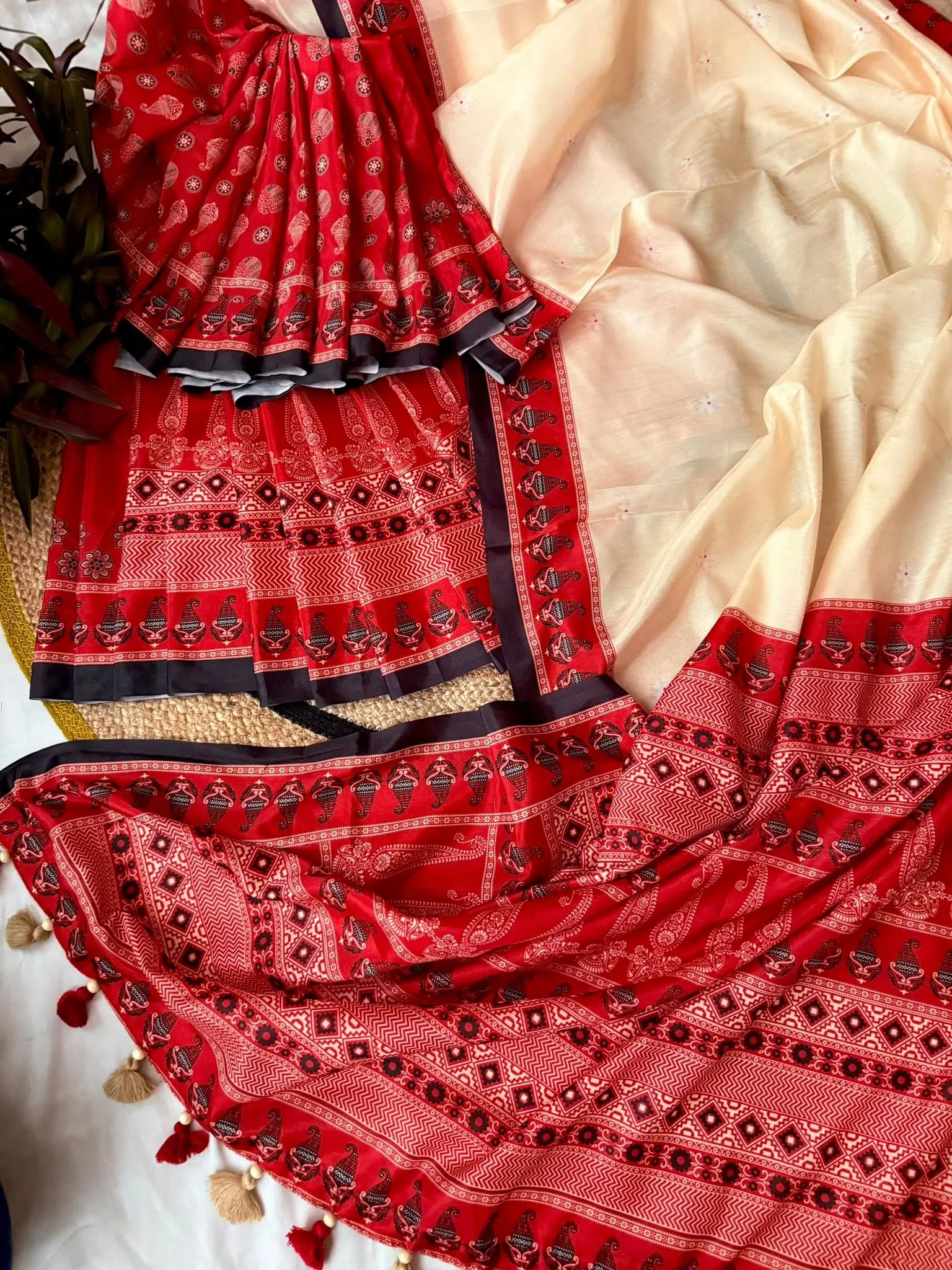 Red & Ivory Peacock Motif Saree