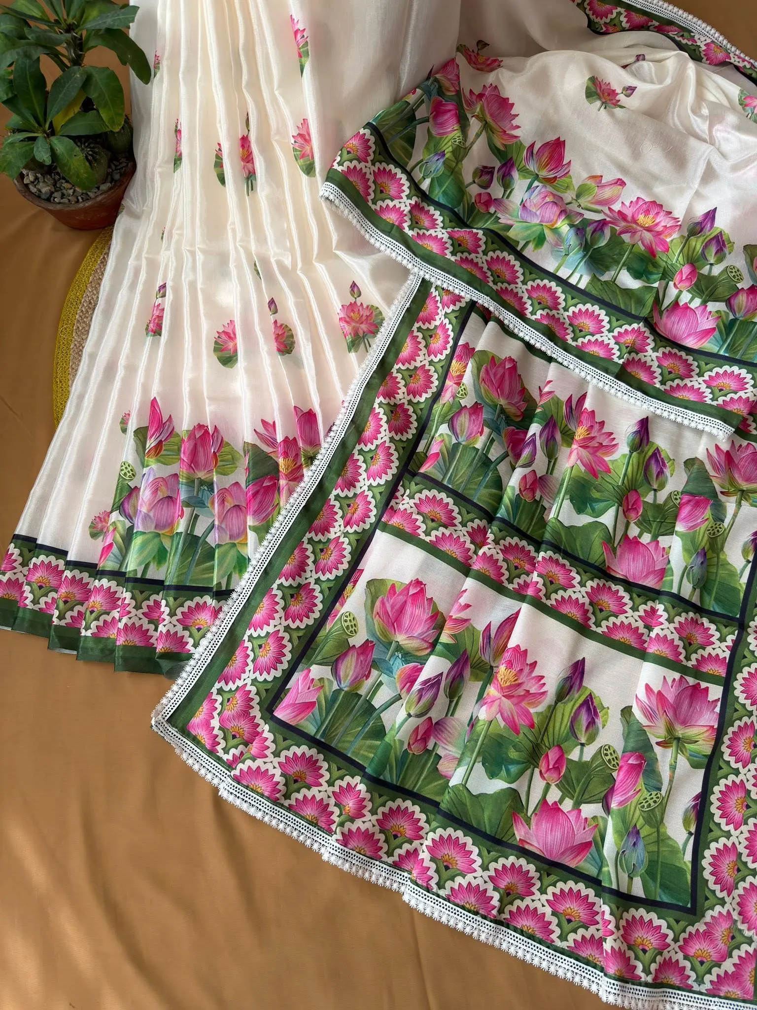 White Lotus Bloom Printed Saree with Green Border - Image 6
