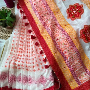 Ivory Floral Block Print Saree with Red & Mustard Accents