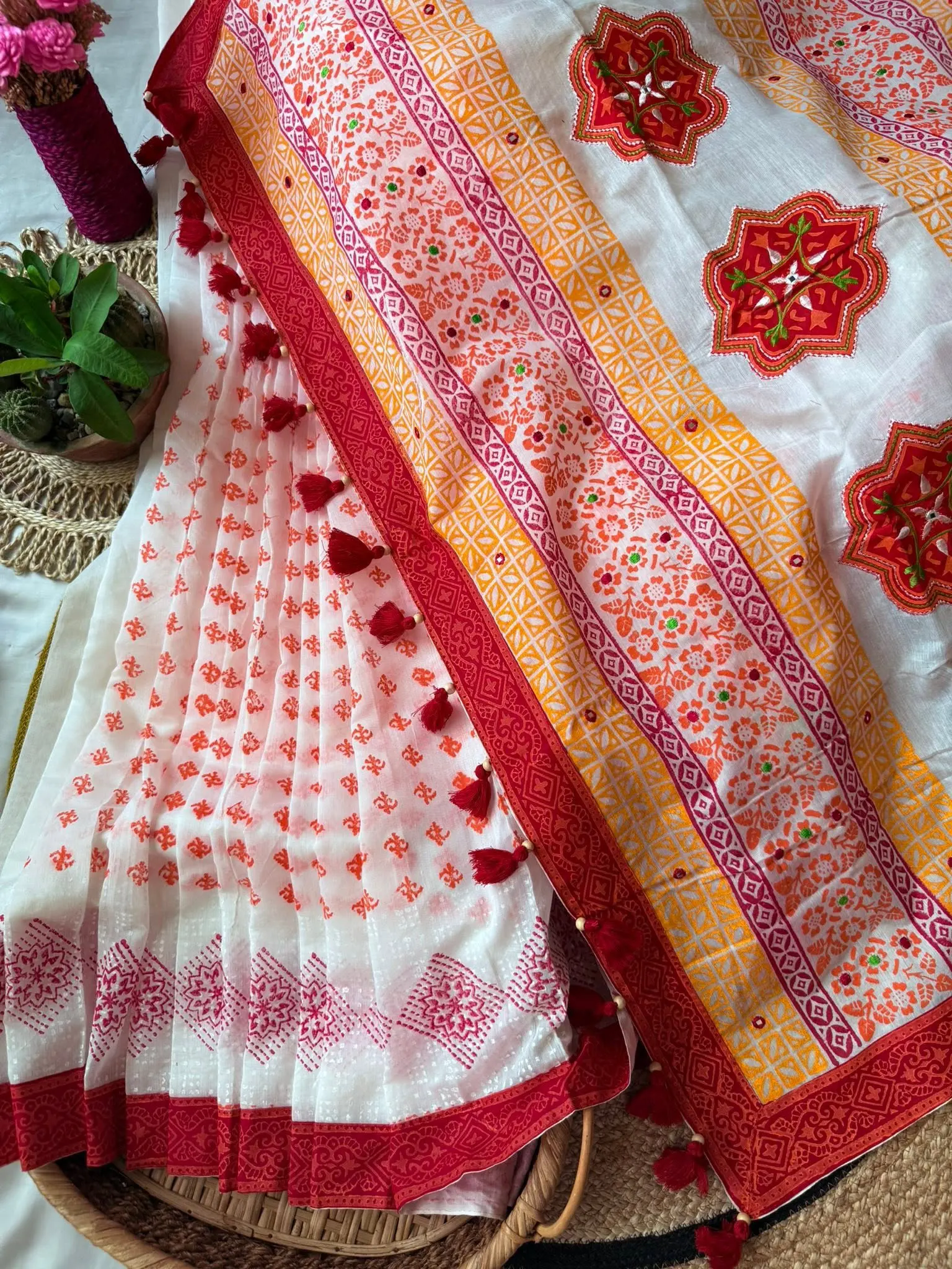Ivory Floral Block Print Saree with Red & Mustard Accents