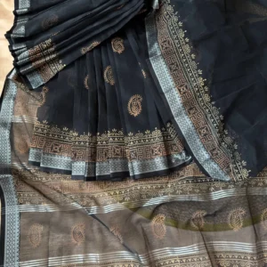 Black & Antique Gold Paisley Border Saree