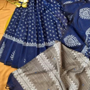 Navy Blue & Grey Floral Block Print Saree