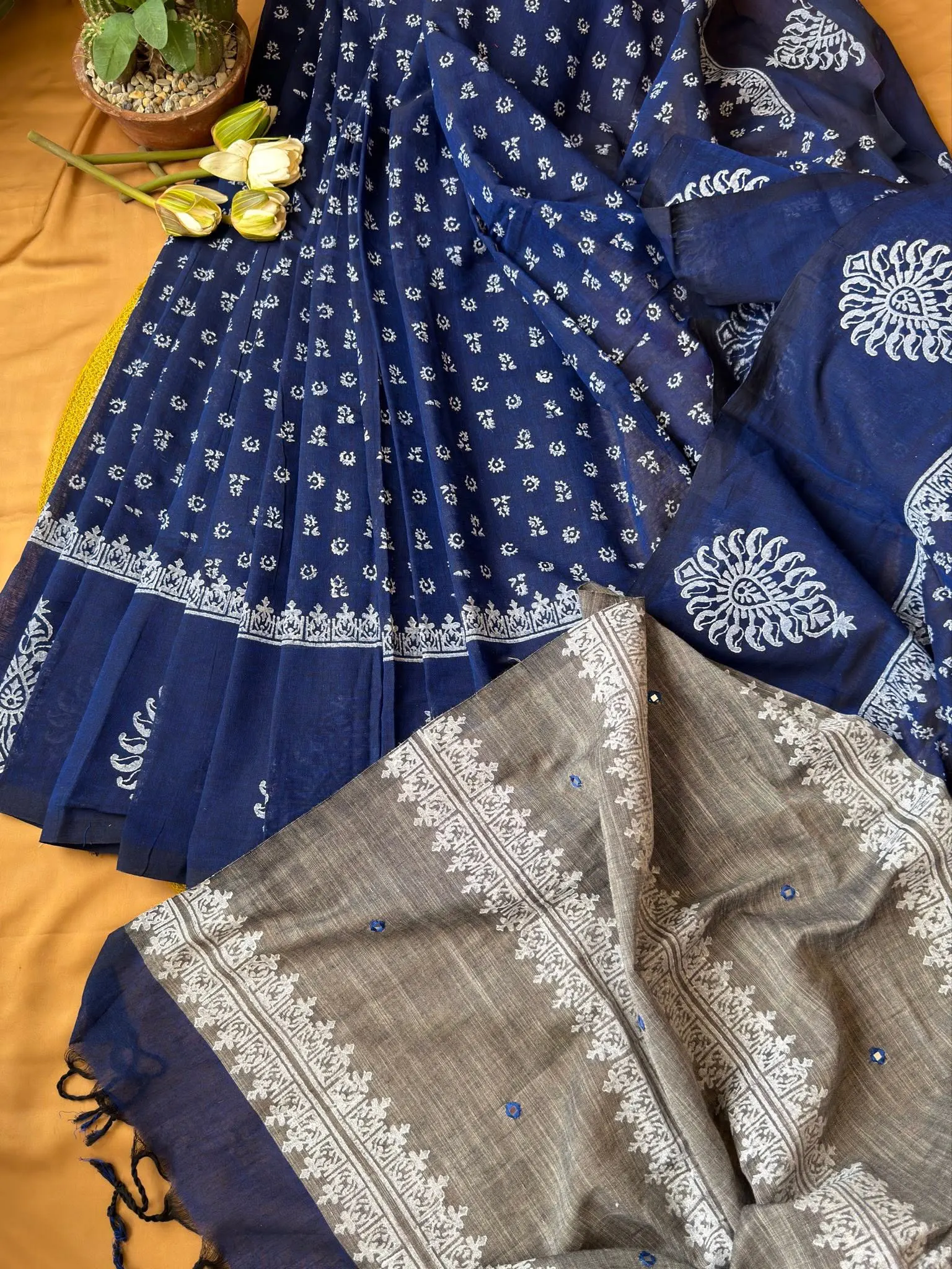 Navy Blue & Grey Floral Block Print Saree