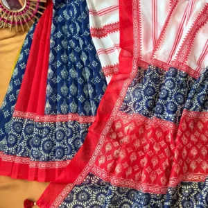 Navy Blue, Red & Ivory Floral Block Print Saree