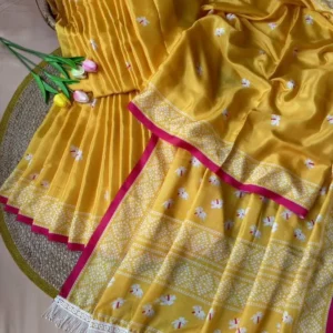 Mustard Gold Saree with Pink Border & Woven Motifs