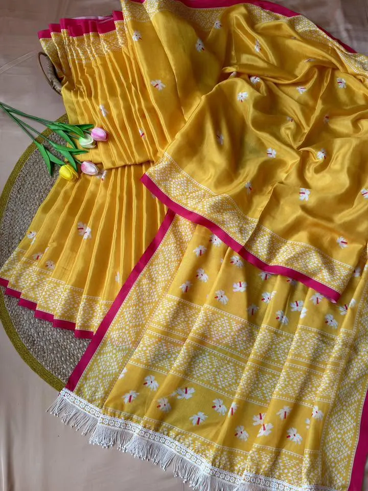 Mustard Gold Saree with Pink Border & Woven Motifs