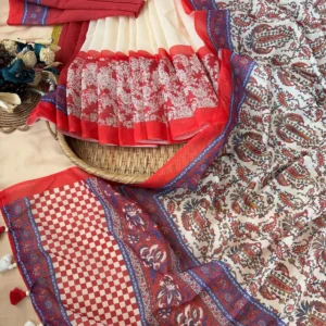 Ivory & Red Paisley Floral Printed Saree