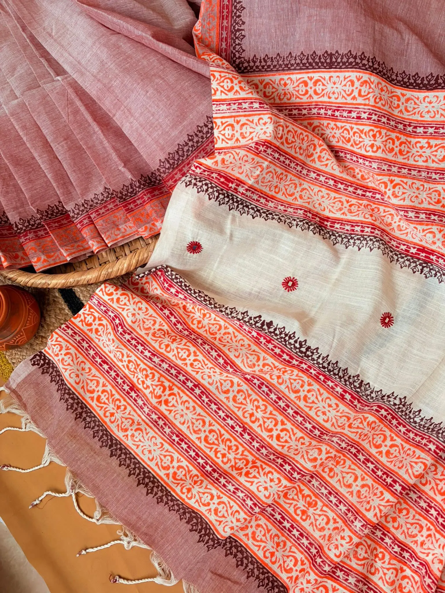 Dusty Rose & Ivory Block Print Saree