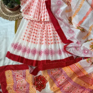 White & Red Hand-Printed Floral Saree