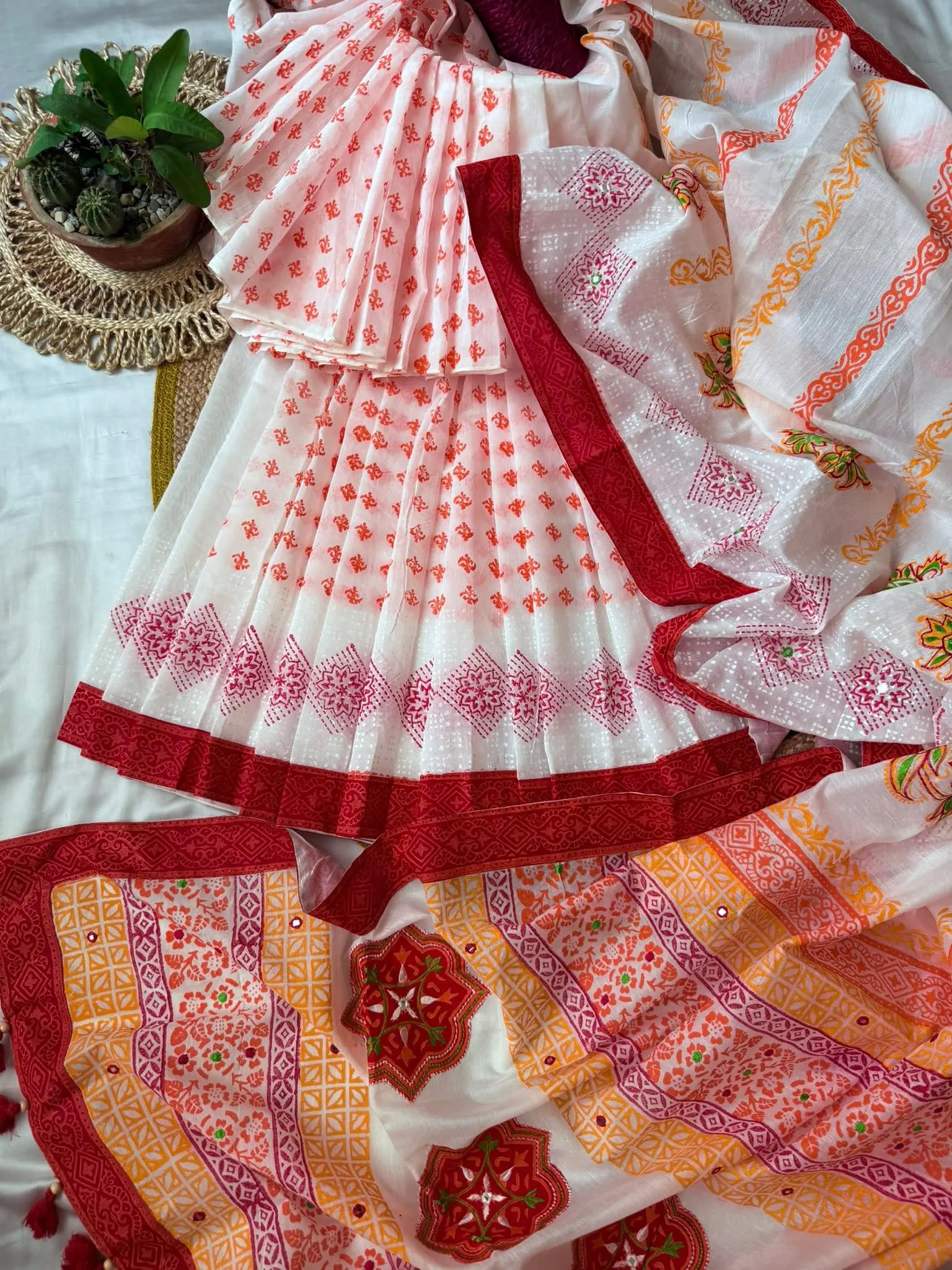 White & Red Hand-Printed Floral Saree