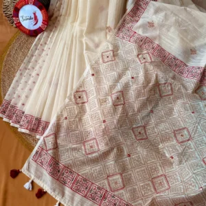 Ivory White Saree with Maroon Geometric Pallu