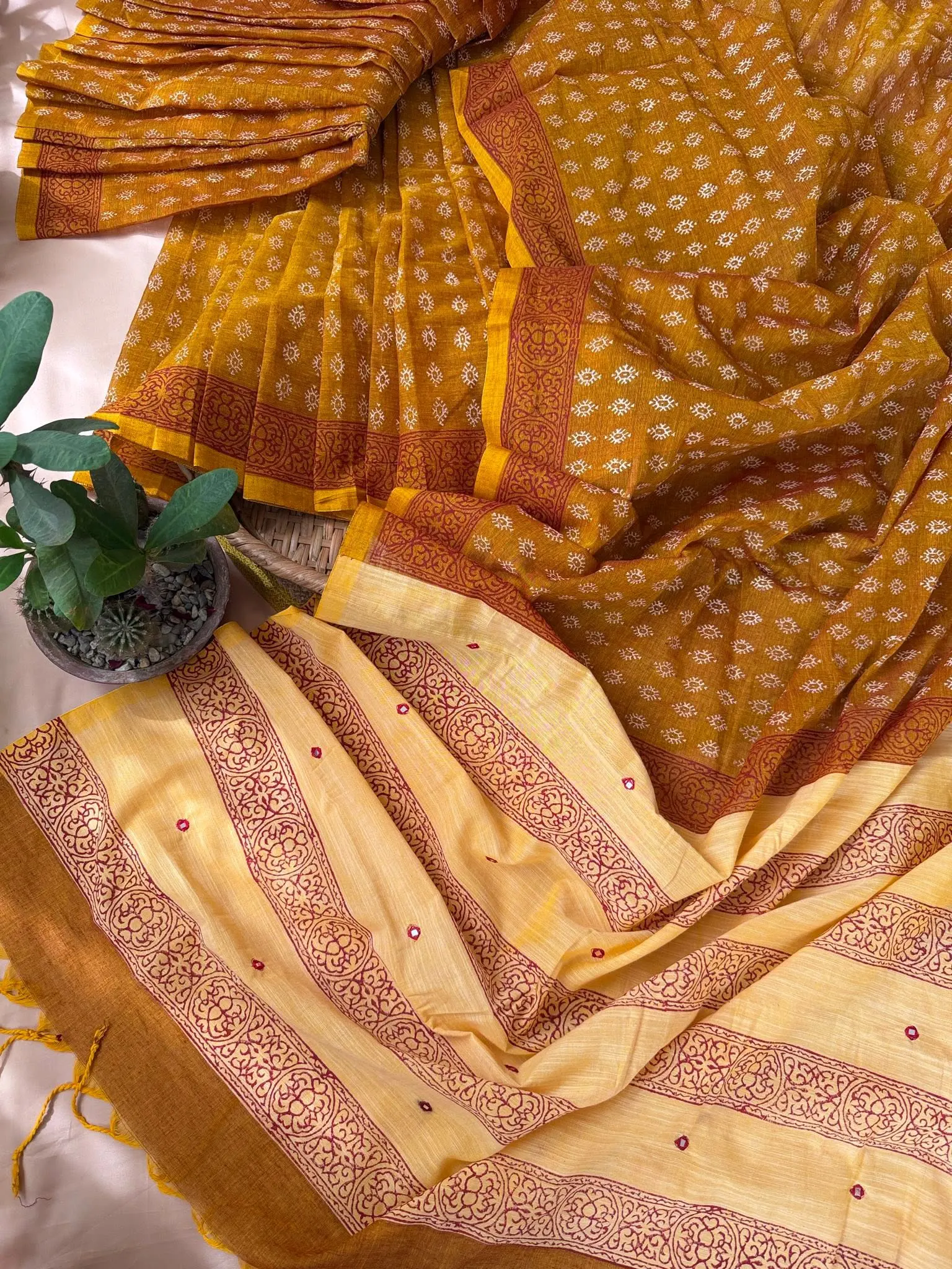Mustard Gold Saree with Maroon Floral Border - Image 3