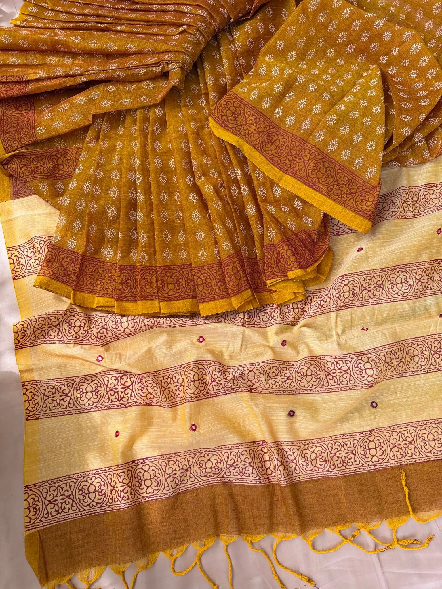 Mustard Gold Saree with Maroon Floral Border - Image 4