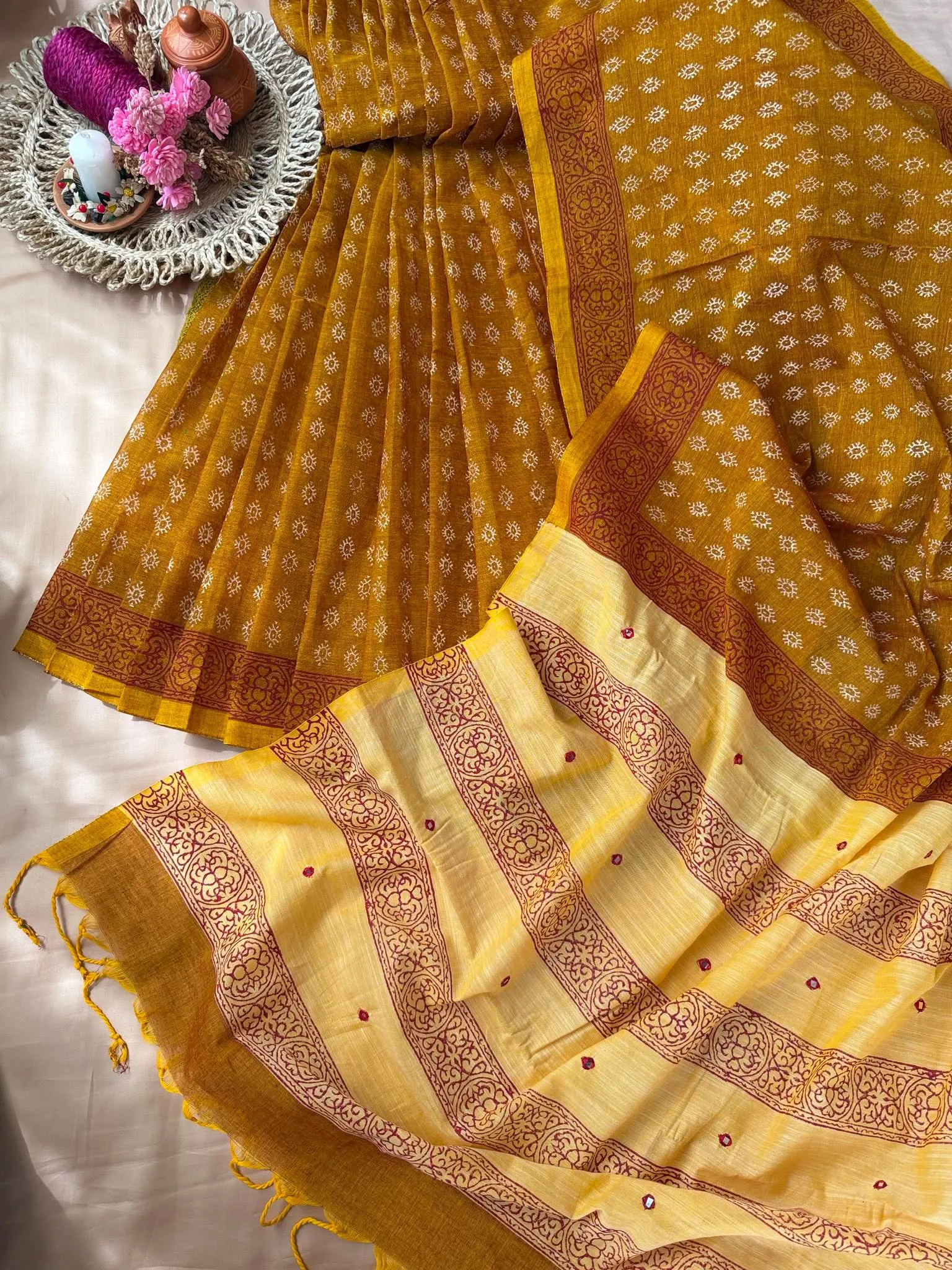 Mustard Gold Saree with Maroon Floral Border